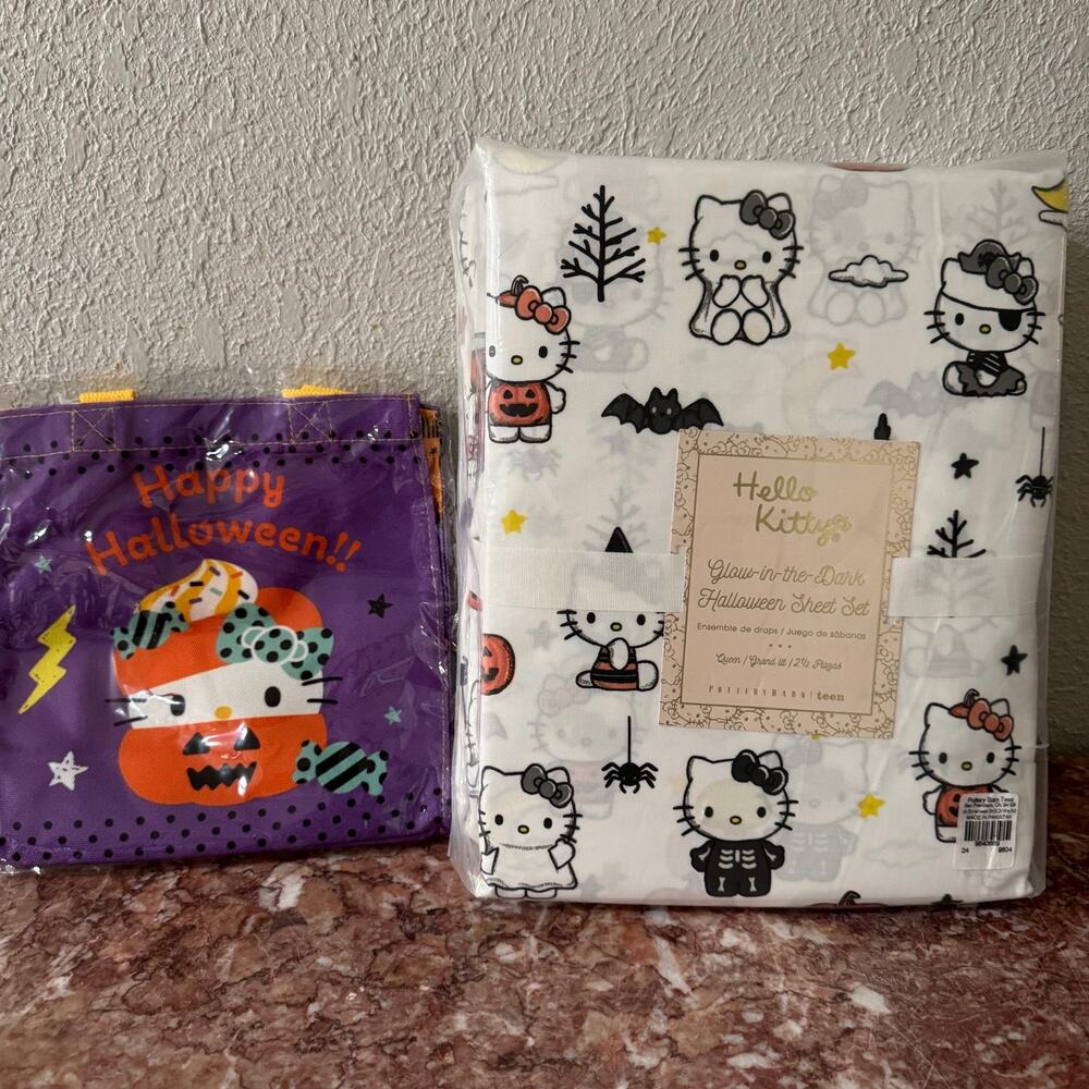 PB Teen Hello Kitty Glow In The Dark Halloween Queen Sheet Set + Mini Tote Bag N